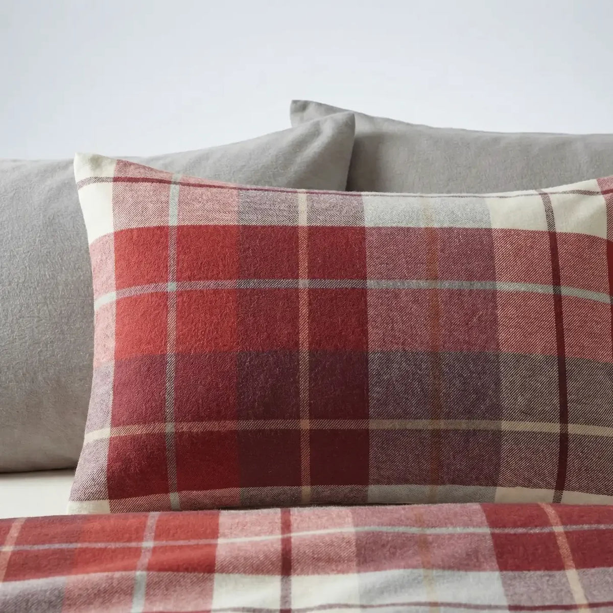 Close-up of the traditional red check pattern on the Lomond brushed cotton duvet cover set.