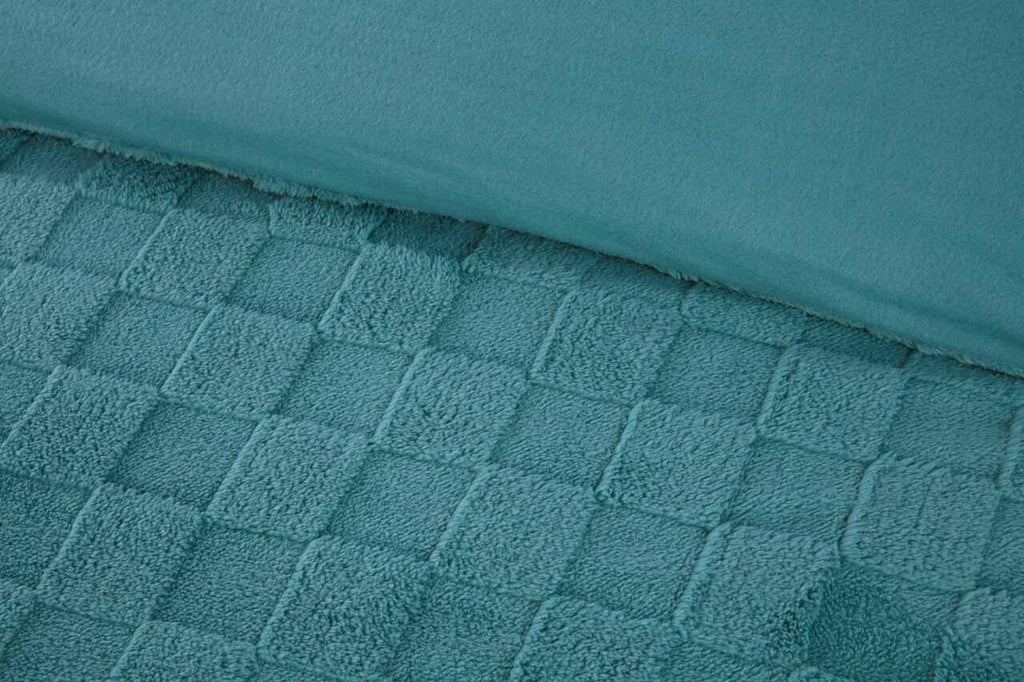 Close-up of the raised checkerboard texture on the Luxury Check Teddy duvet cover set in Duck Egg.