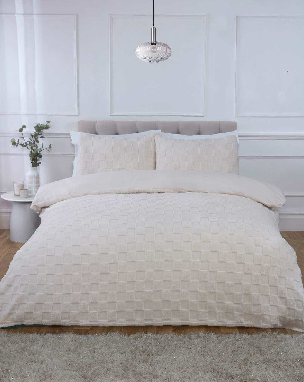 Luxury Check Teddy Fleece duvet cover set in Cream with an oversized textured check design.