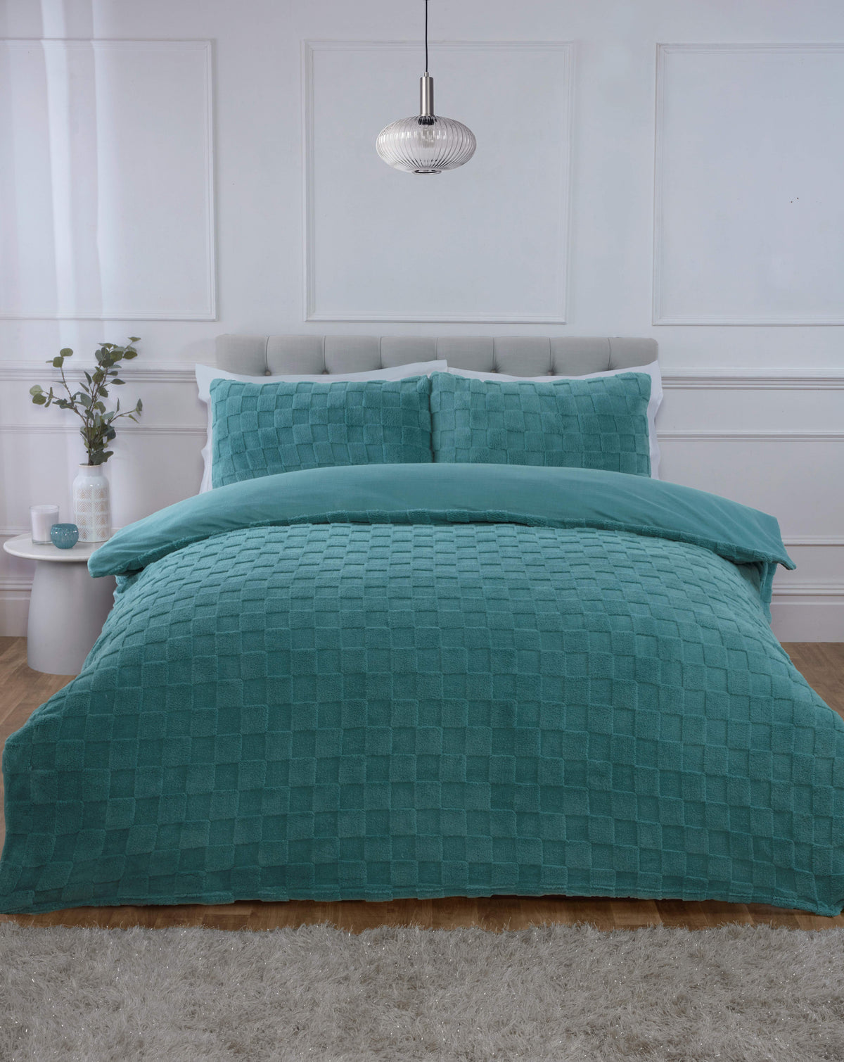Luxury Check Teddy Fleece duvet cover set in Duck Egg with an oversized textured check design.