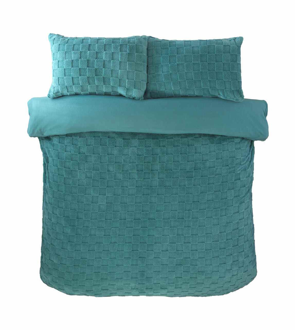 Luxury Check Teddy Fleece duvet cover set in Duck Egg with an oversized textured check design.