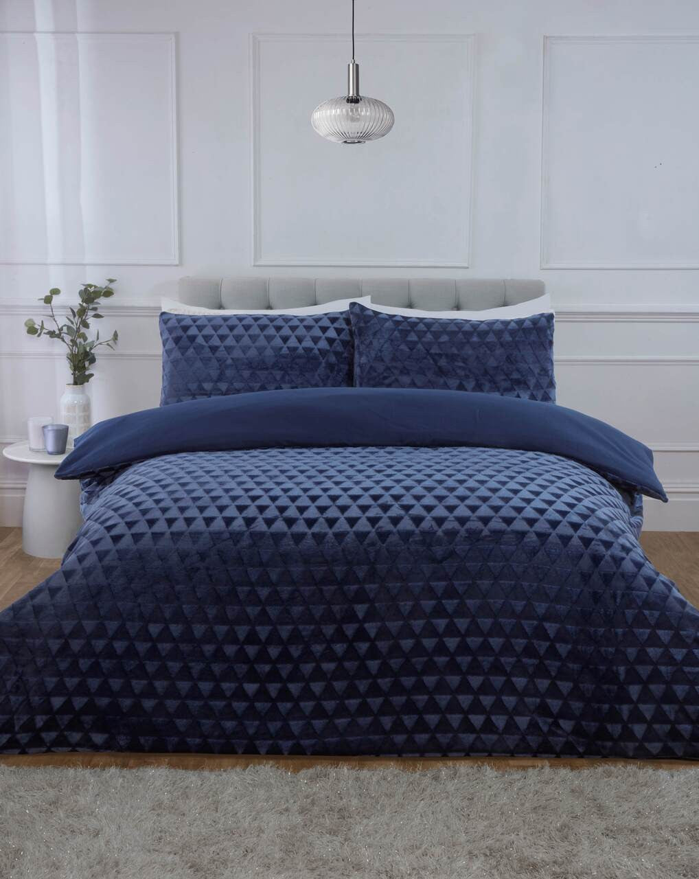 Luxury Diamond Cut Velvet Fleece duvet cover set in Navy with a sculpted diamond design.