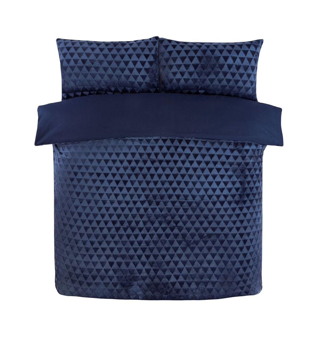 Luxury Diamond Cut Velvet Fleece duvet cover set in Navy with a sculpted diamond design.