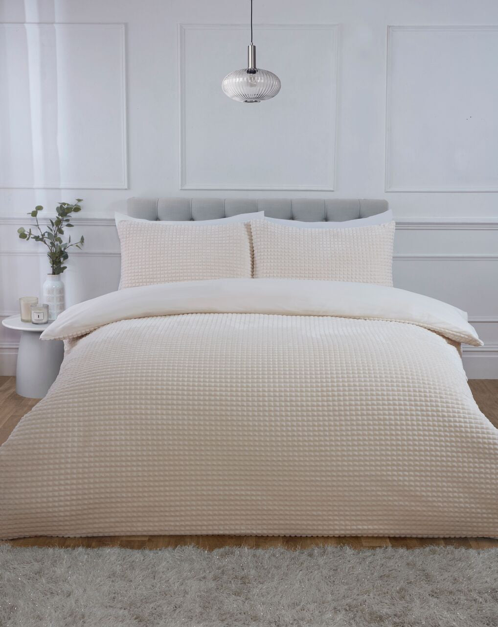 Luxury Waffle Teddy Fleece duvet cover set in Natural with a soft textured waffle design.