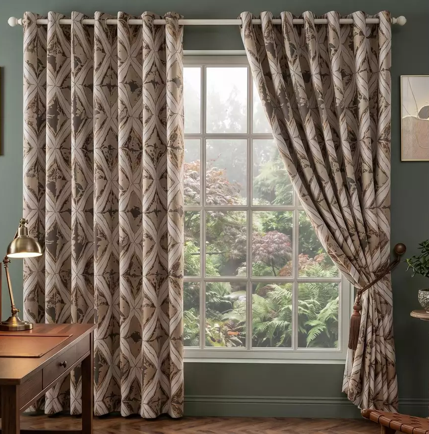 Matrix Cream and Gold metallic jacquard eyelet curtains styled in a room.