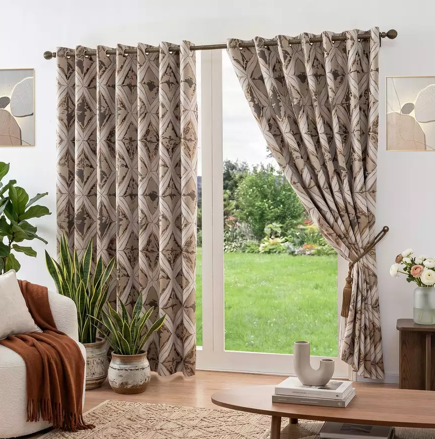Matrix Cream and Gold metallic diamond jacquard lined eyelet curtains.