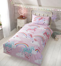 My Little Unicorn duvet cover set in Pink with colourful unicorns, rainbows and clouds.