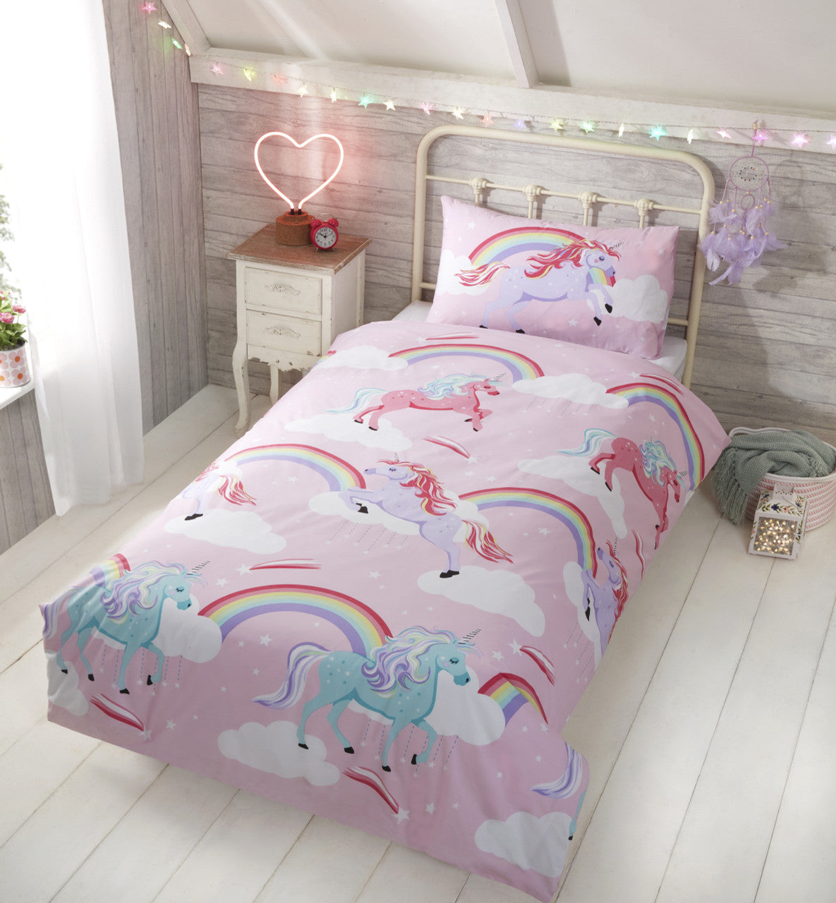 My Little Unicorn duvet cover set in Pink with colourful unicorns, rainbows and clouds.