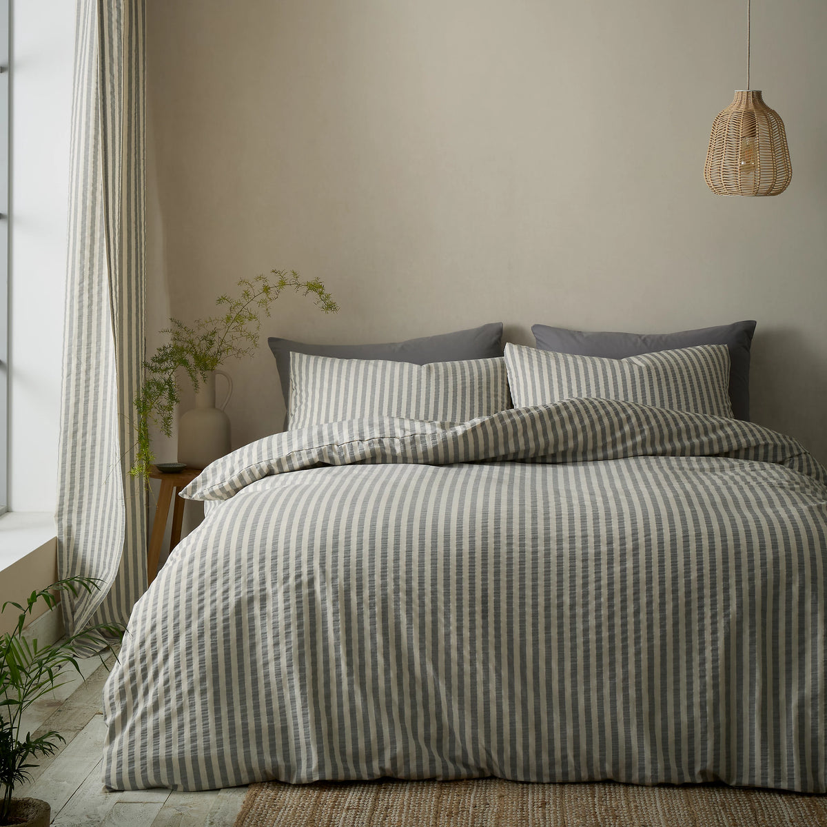 Pineapple Elephant Cotton Rich Woven Stripe Duvet Cover Set Grey