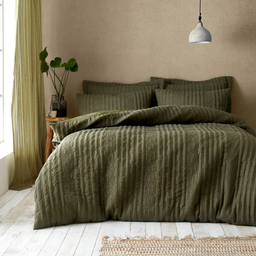 Pineapple Elephant Tamba Jersey Stripe Quilted Duvet Set Olive Green
