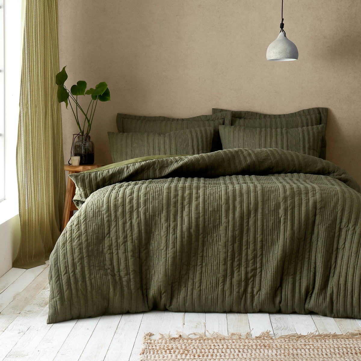 Pineapple Elephant Tamba Jersey Stripe Quilted Duvet Set Olive Green