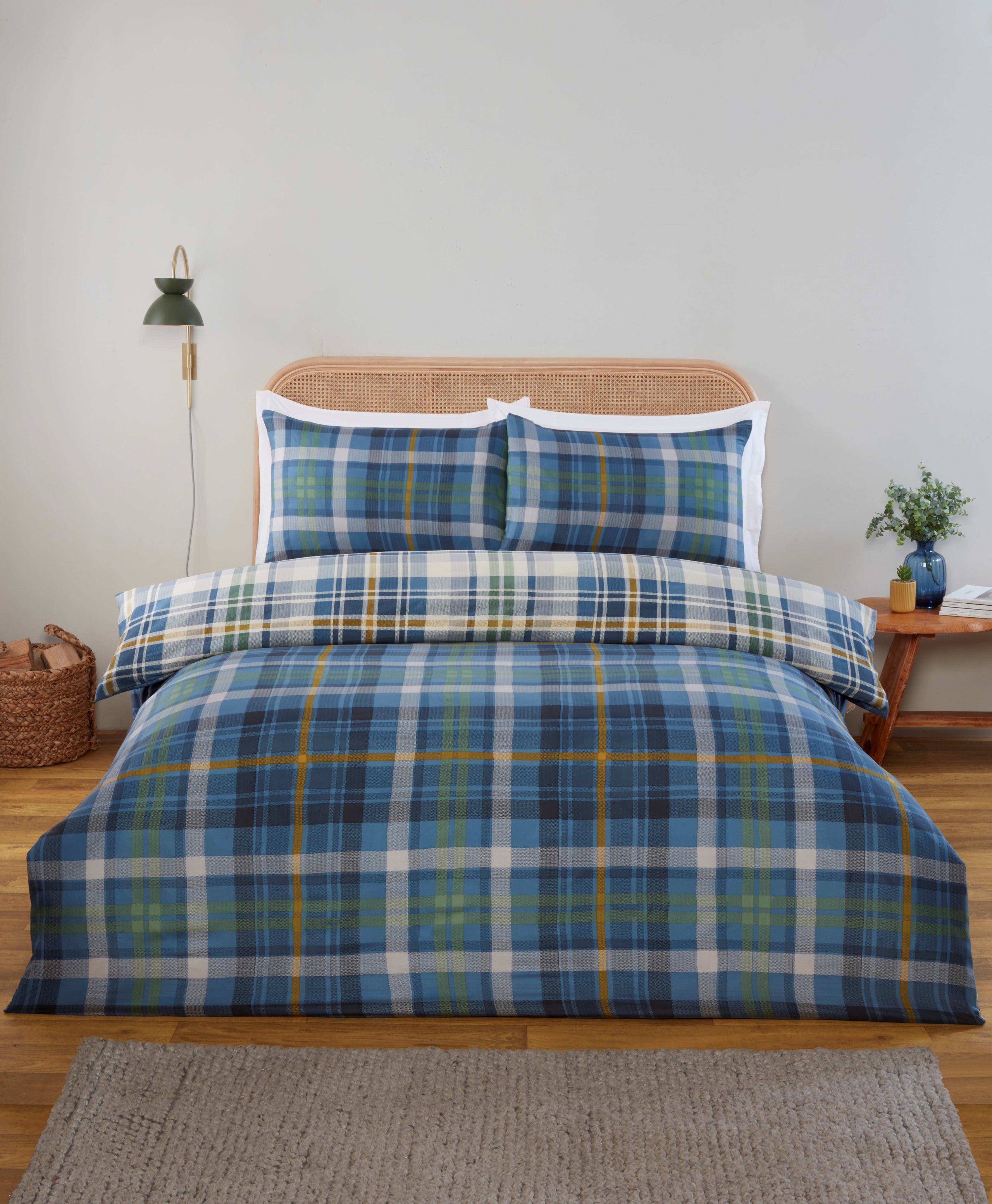 Regalia Complete reversible blue check duvet cover set with matching fitted sheet.