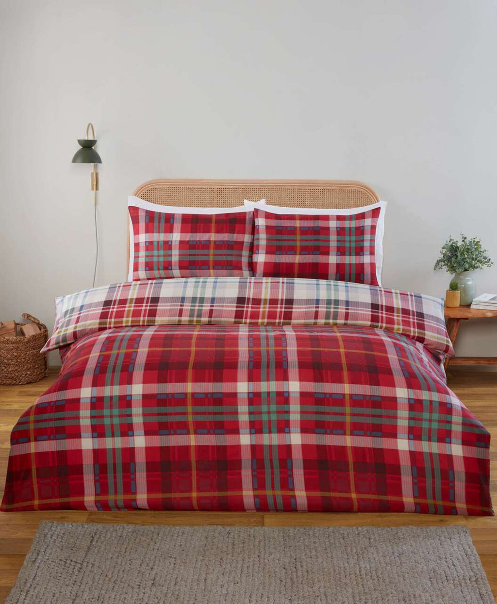 Regalia Complete reversible red check duvet cover set with matching fitted sheet.