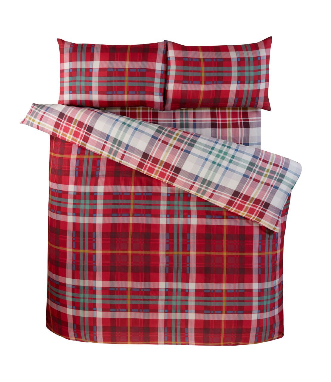 Reverse side of the Regalia Complete red check duvet cover set showing the lighter plaid design.