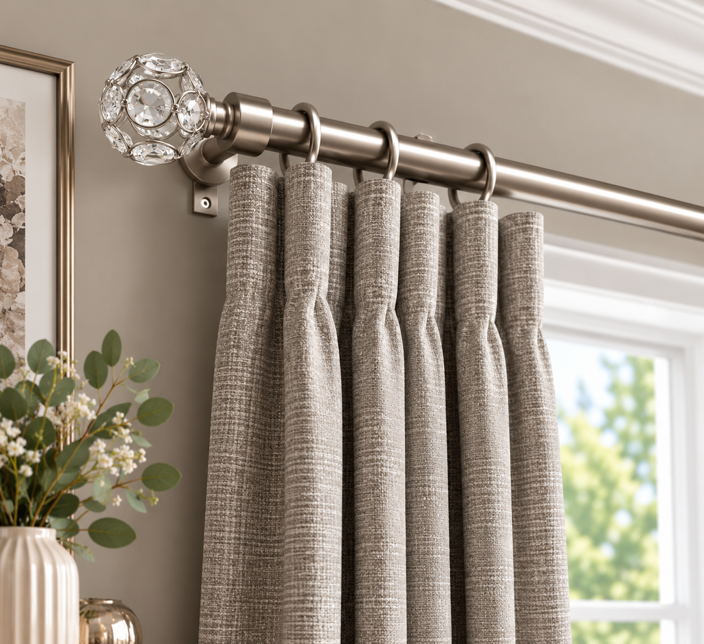 Rings on Glass brushed satin curtain pole styled with curtains in an elegant room.