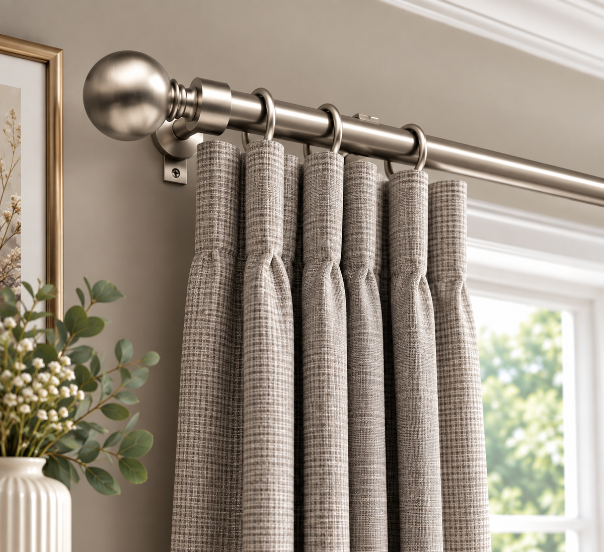 Satin Ball brushed satin curtain pole styled with curtains in an elegant room.