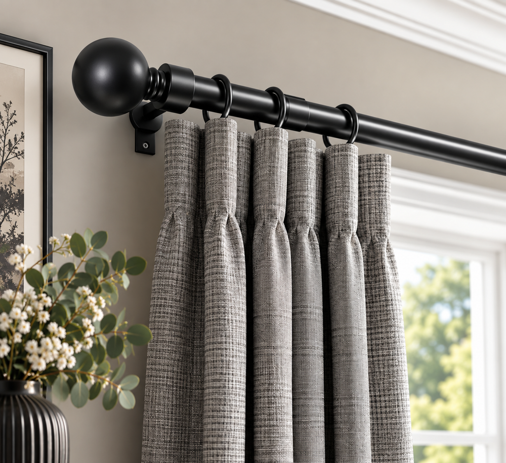 Satin Black Ball brushed satin curtain pole styled with curtains in a contemporary room.