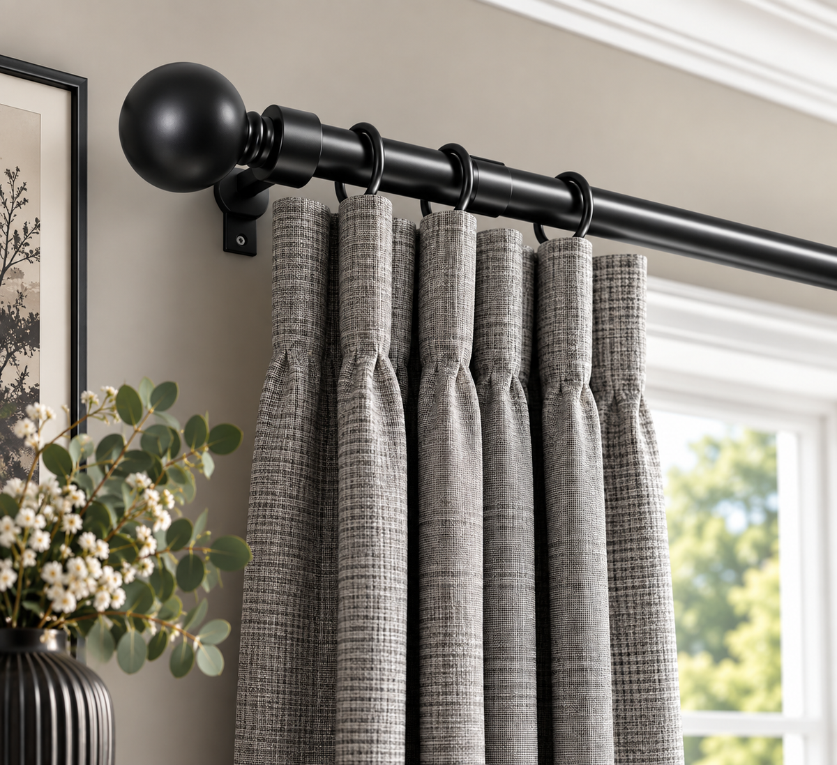 Satin Black Ball brushed satin curtain pole styled with curtains in a contemporary room.
