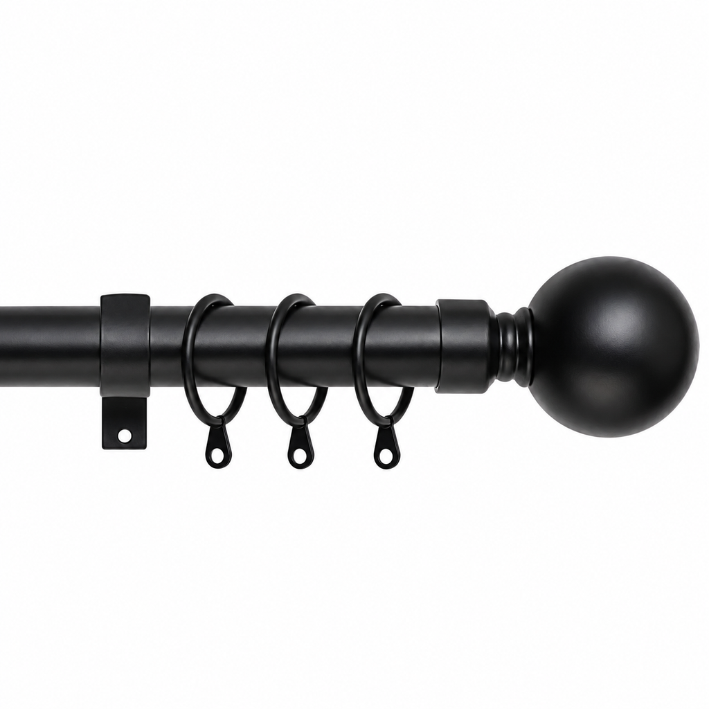 Satin Black Ball extendable brushed satin curtain pole set with black ball finial.