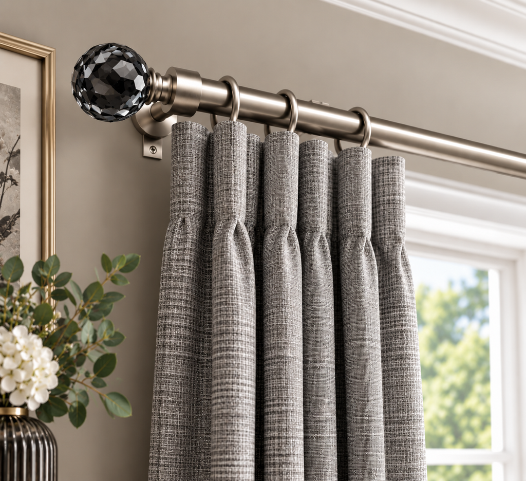 Satin Black Crystal brushed satin curtain pole styled with curtains in an elegant room.