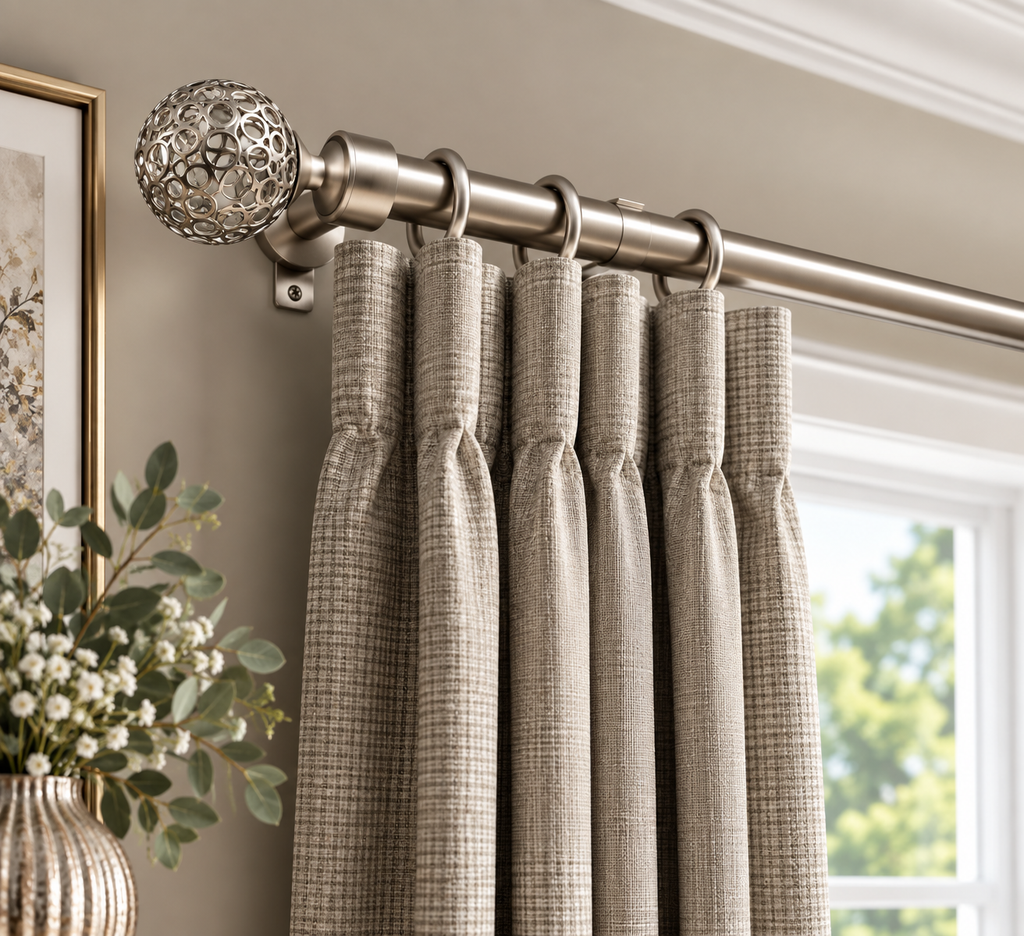 Satin Sphere extendable brushed satin curtain pole set with decorative openwork sphere finial.