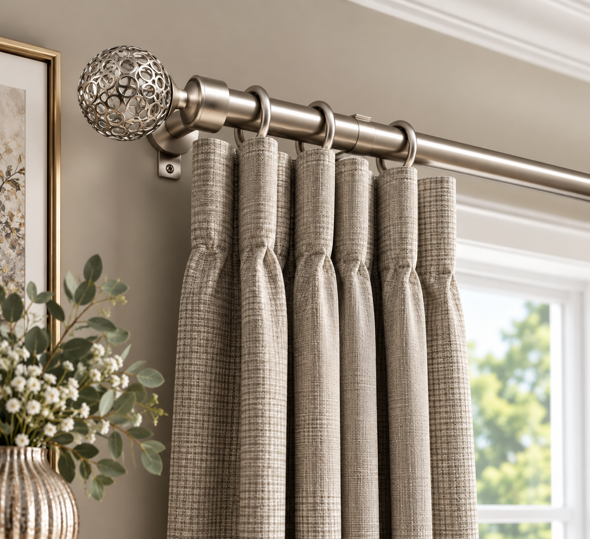 Satin Sphere extendable brushed satin curtain pole set with decorative openwork sphere finial.