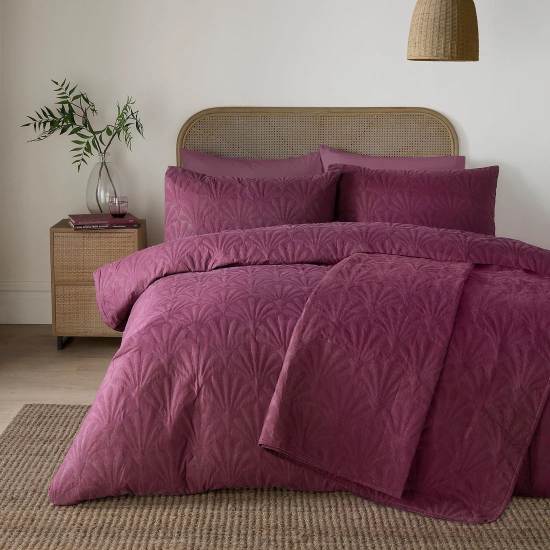 Serene Cavali berry duvet cover set styled in a contemporary bedroom.