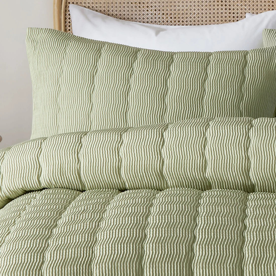 Close-up of the crinkle wave textured finish on the Serene duvet cover set.