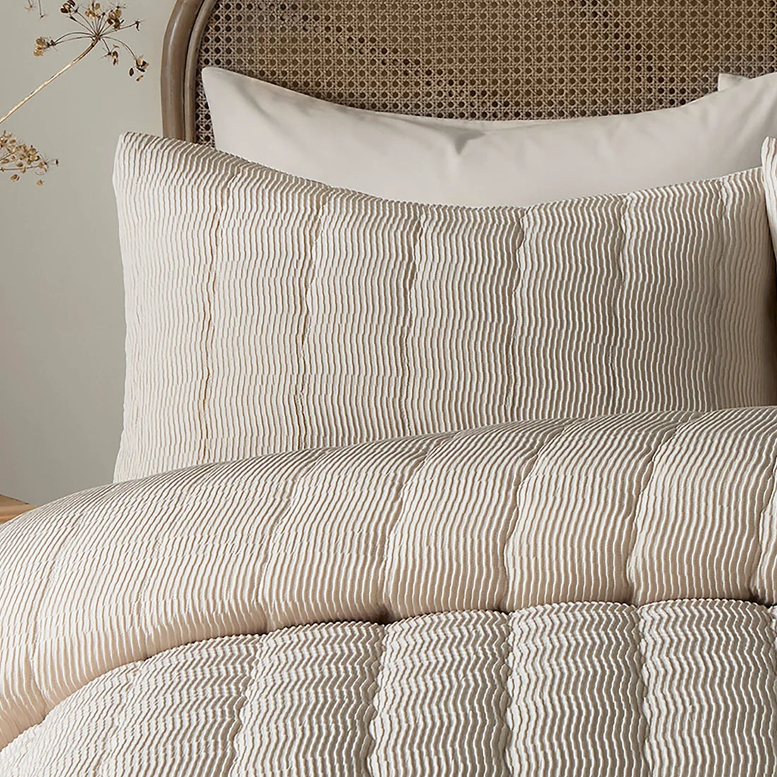 Close-up of the crinkle wave textured finish on the Serene duvet cover set.