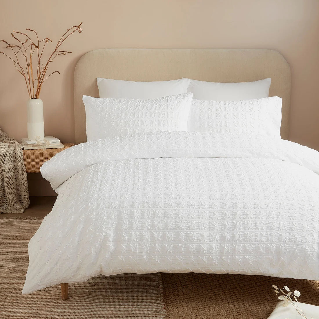 Serene Embossed Grid textured duvet cover set in white with an embossed grid pattern.