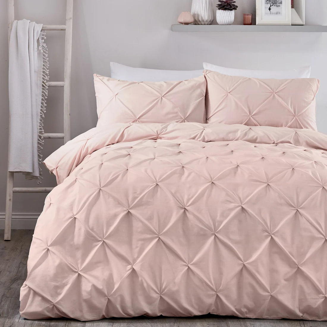 Serene Lara ruched microfibre duvet cover set in blush with an elegant textured design.