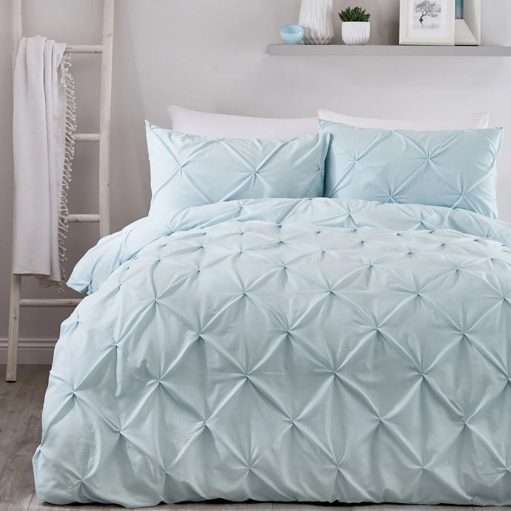 Serene Lara ruched polycotton duvet cover set in duck egg with an elegant textured design.
