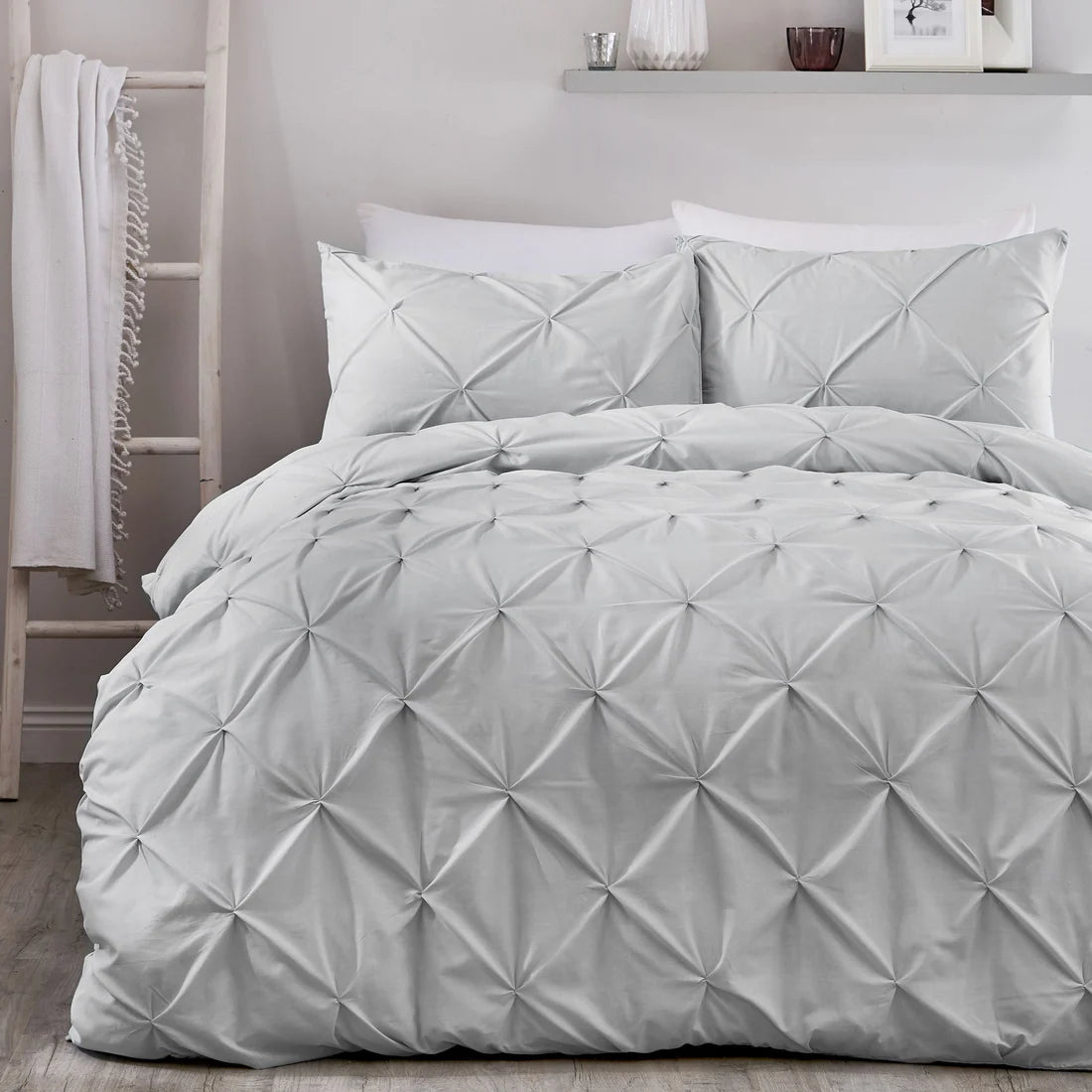Serene Lara ruched polycotton duvet cover set in silver with an elegant textured design.