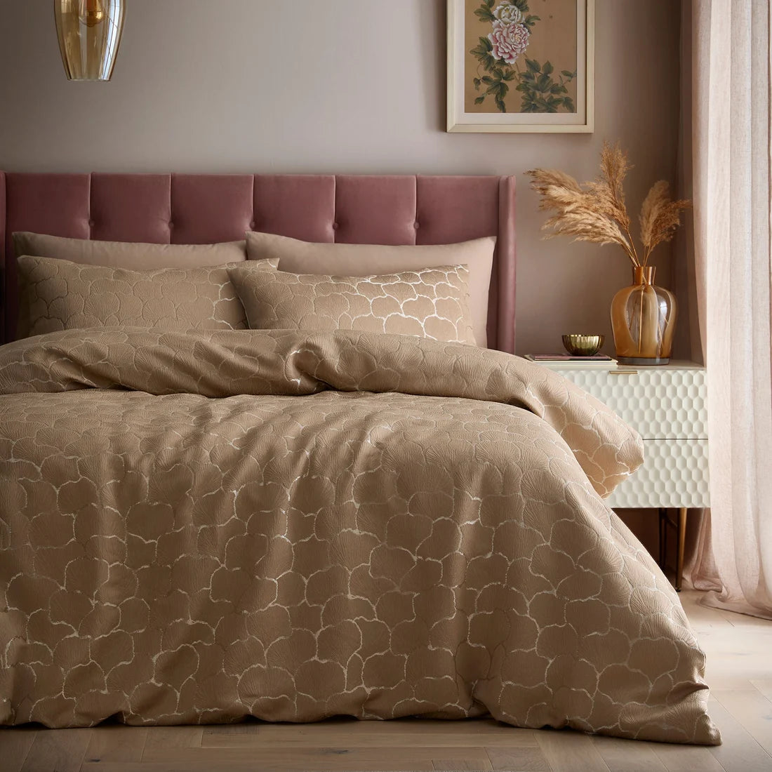 Soiree Ginkgo Jacquard duvet cover set in natural with woven leaf design.