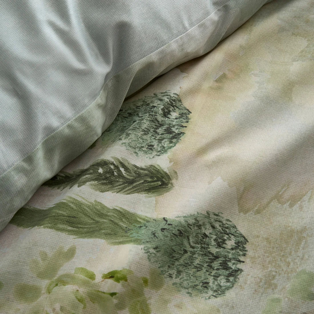 Close-up of the soft 200 thread count 100% cotton fabric on the Soiree Hidden Garden duvet cover set.