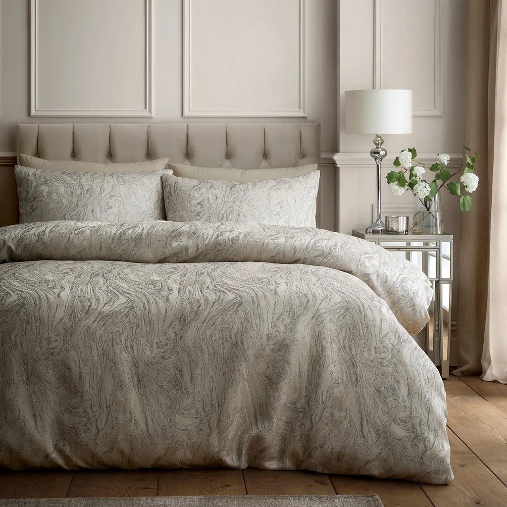 Soiree Marble Jacquard duvet cover set in natural with a woven marble design.