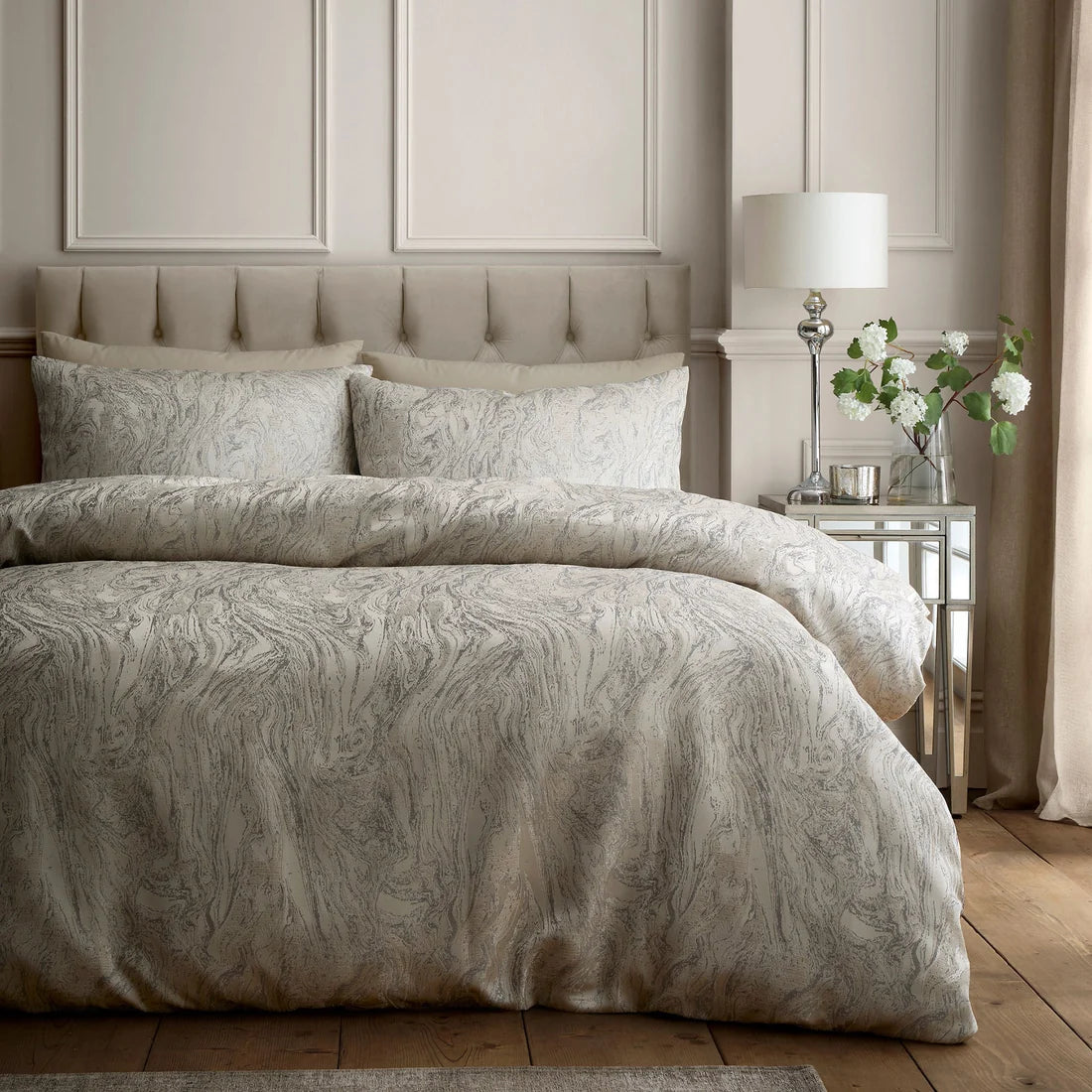 Soiree Marble Jacquard duvet cover set in natural with a woven marble design.