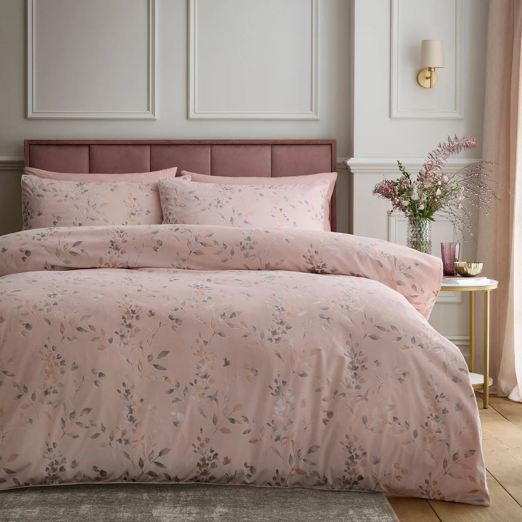 Soiree Metallic Leaf velvet duvet cover set in pink with shimmering metallic leaf detailing.