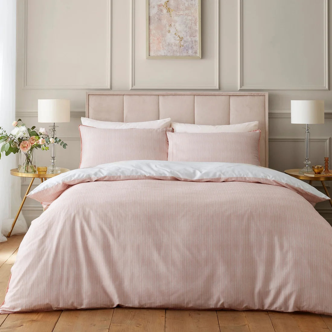 Pinstripe reverse on the Soiree Mia Floral Blooms duvet cover set.