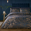 Soiree Midnight Palm jacquard duvet cover set in navy with metallic palm tree design.