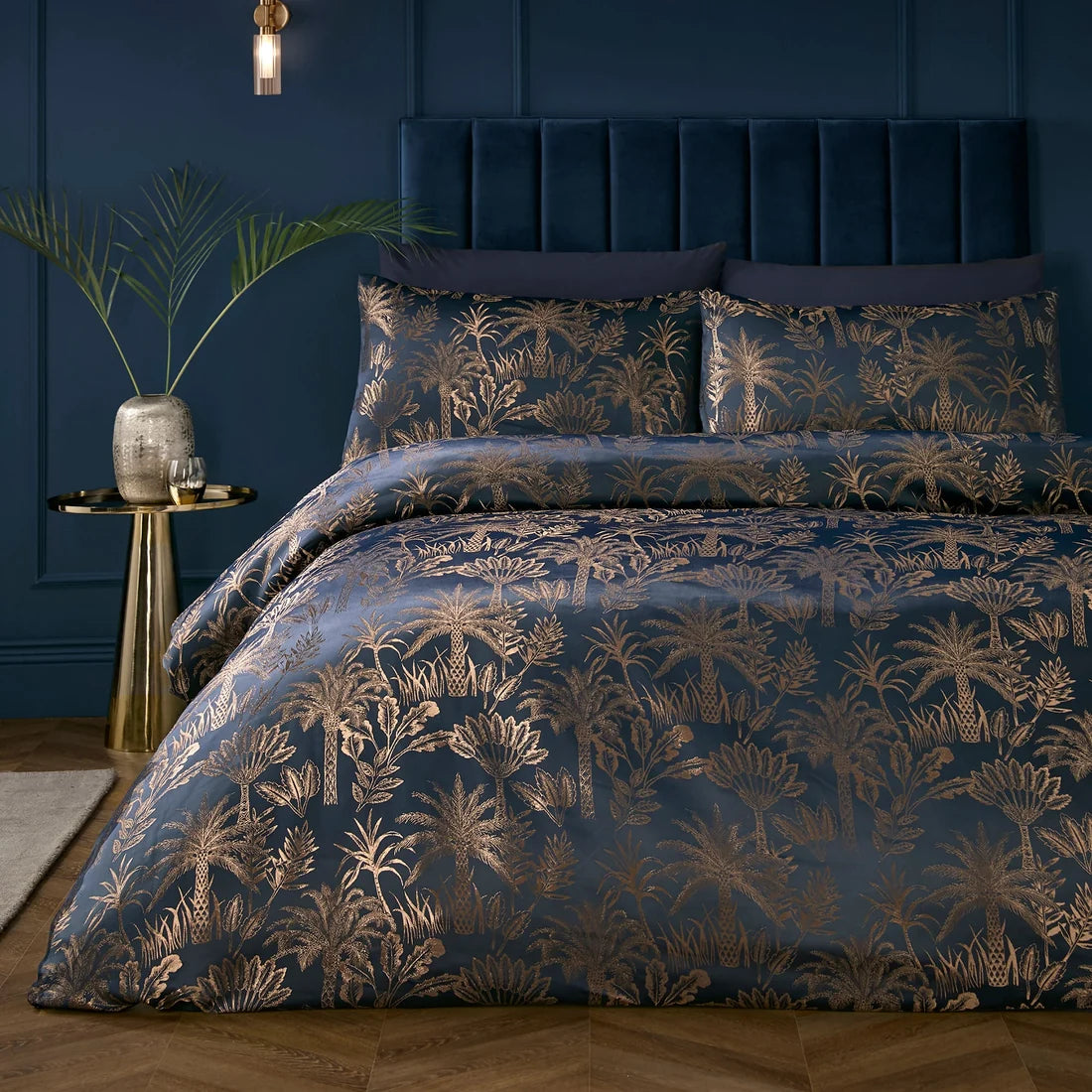Soiree Midnight Palm jacquard duvet cover set in navy with metallic palm tree design.