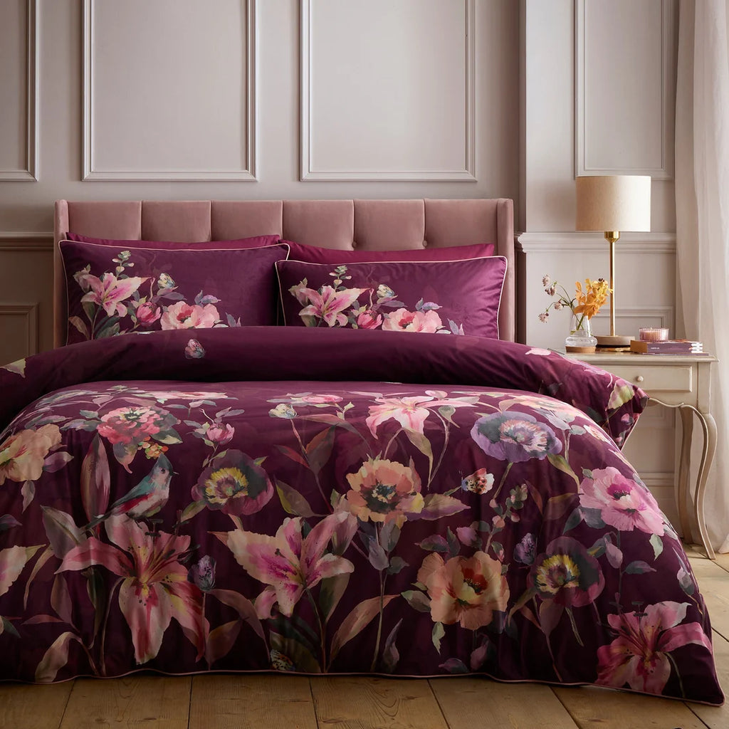 Soiree Tatiana velvet floral panel duvet cover set in berry.