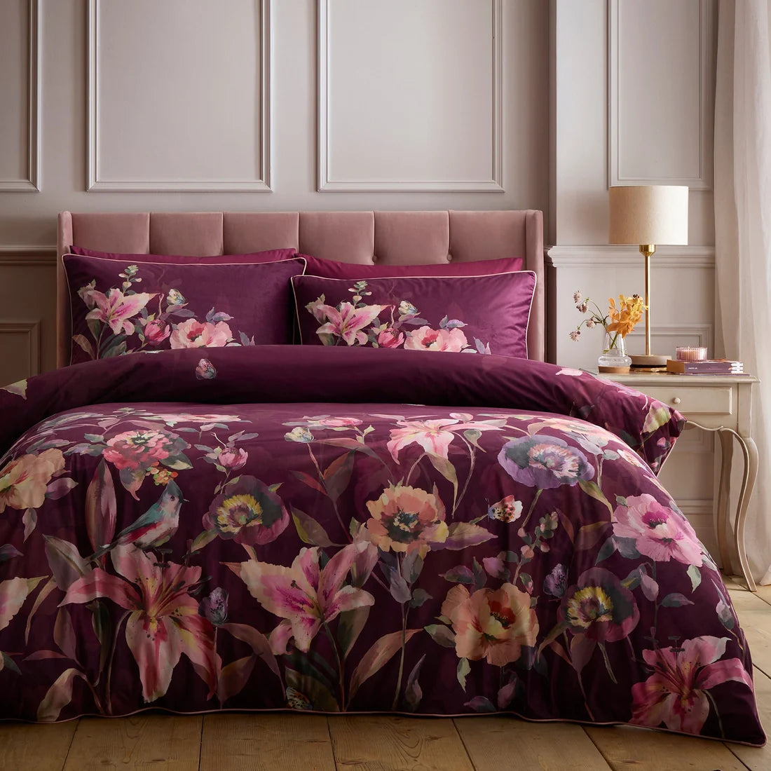 Soiree Tatiana velvet floral panel duvet cover set in berry.