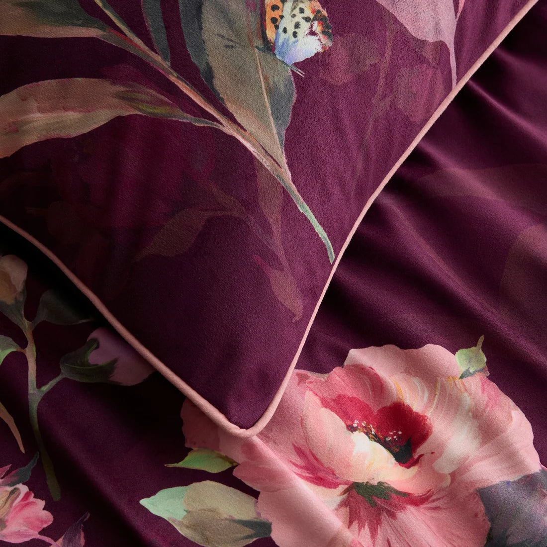 Close-up of the soft velvet-feel polyester fabric on the Soiree Tatiana duvet cover set.