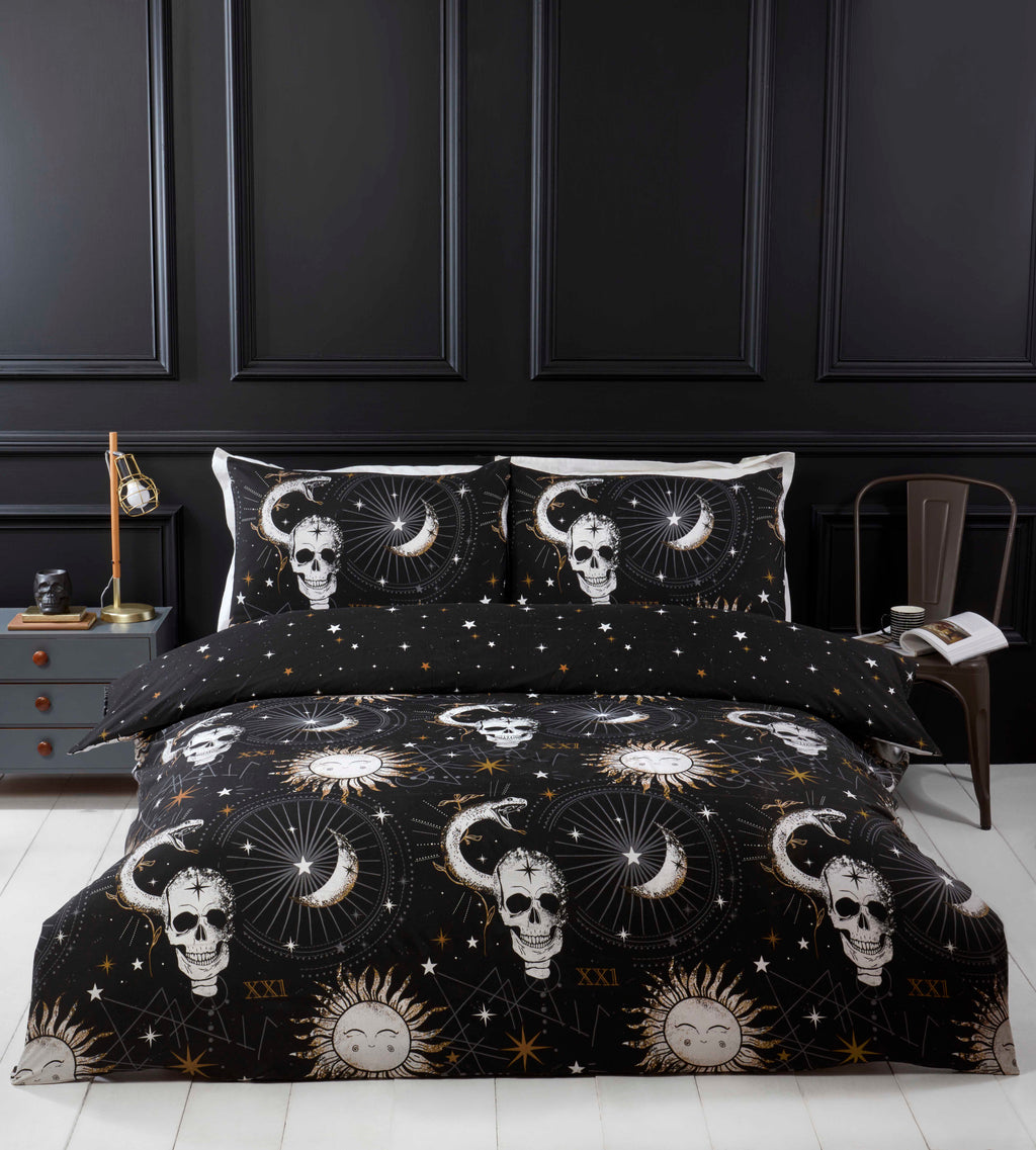 Tarot reversible gothic microfibre duvet cover set with skull, sun and moon design.