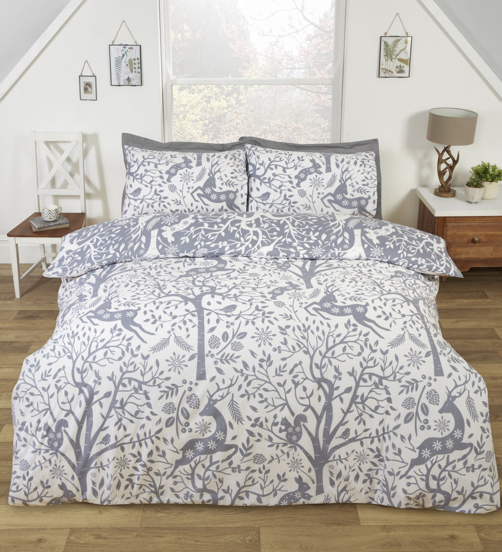 Reverse side of the Tatton grey woodland duvet cover set.