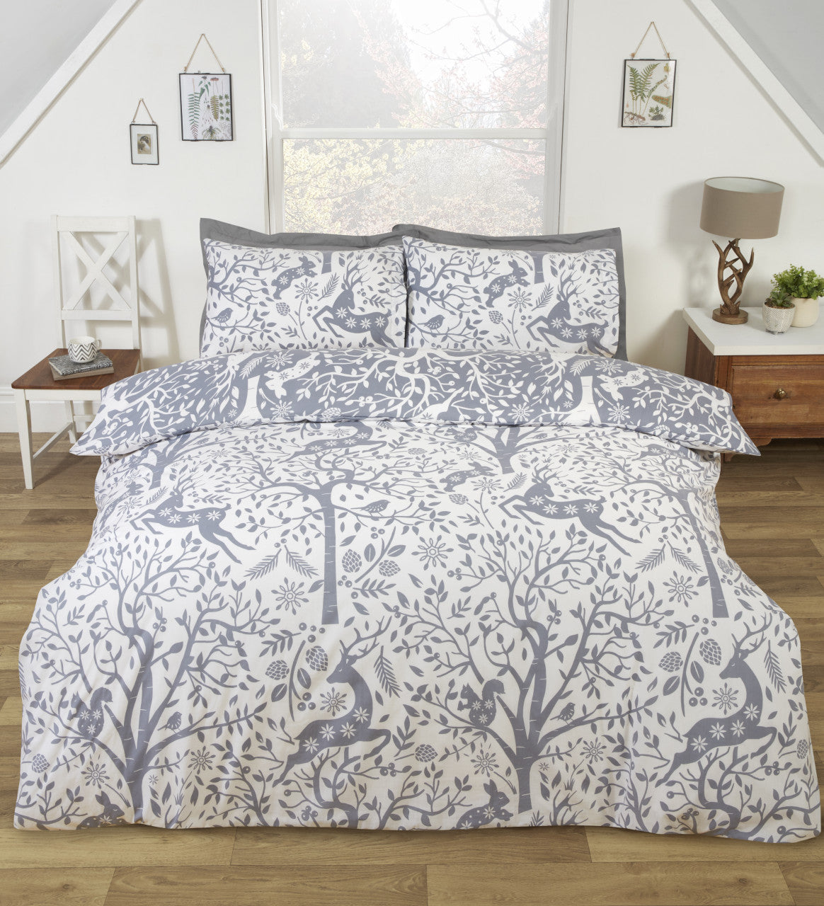 Reverse side of the Tatton grey woodland duvet cover set.