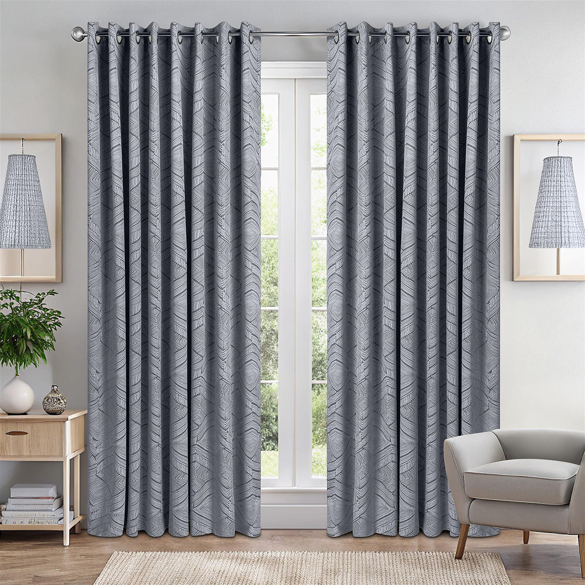 Aztec Geometric Blackout Eyelet Curtains in Silver