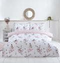 Vintage Toile pink duvet cover set styled in a classic bedroom.