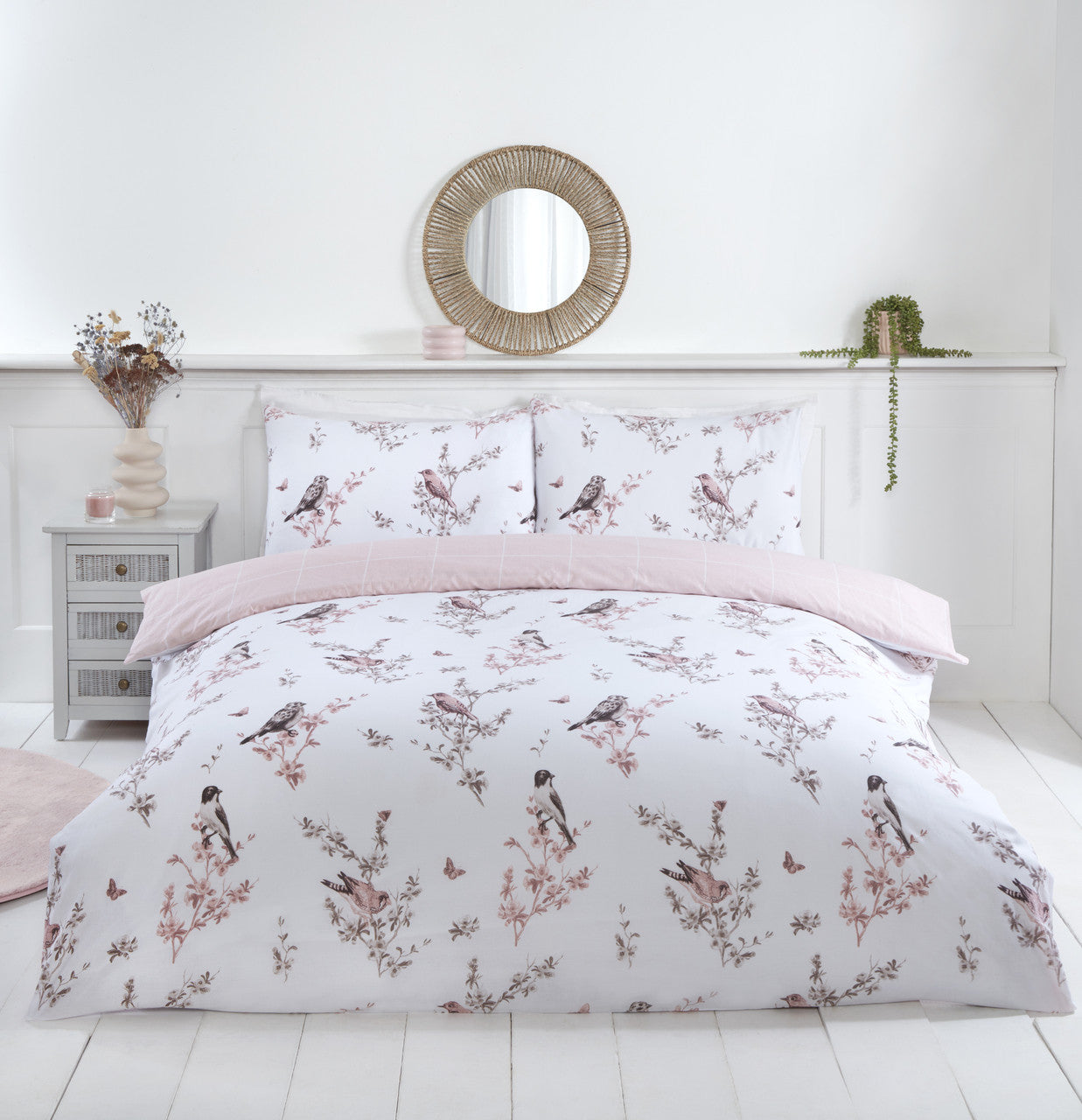 Vintage Toile pink duvet cover set styled in a classic bedroom.